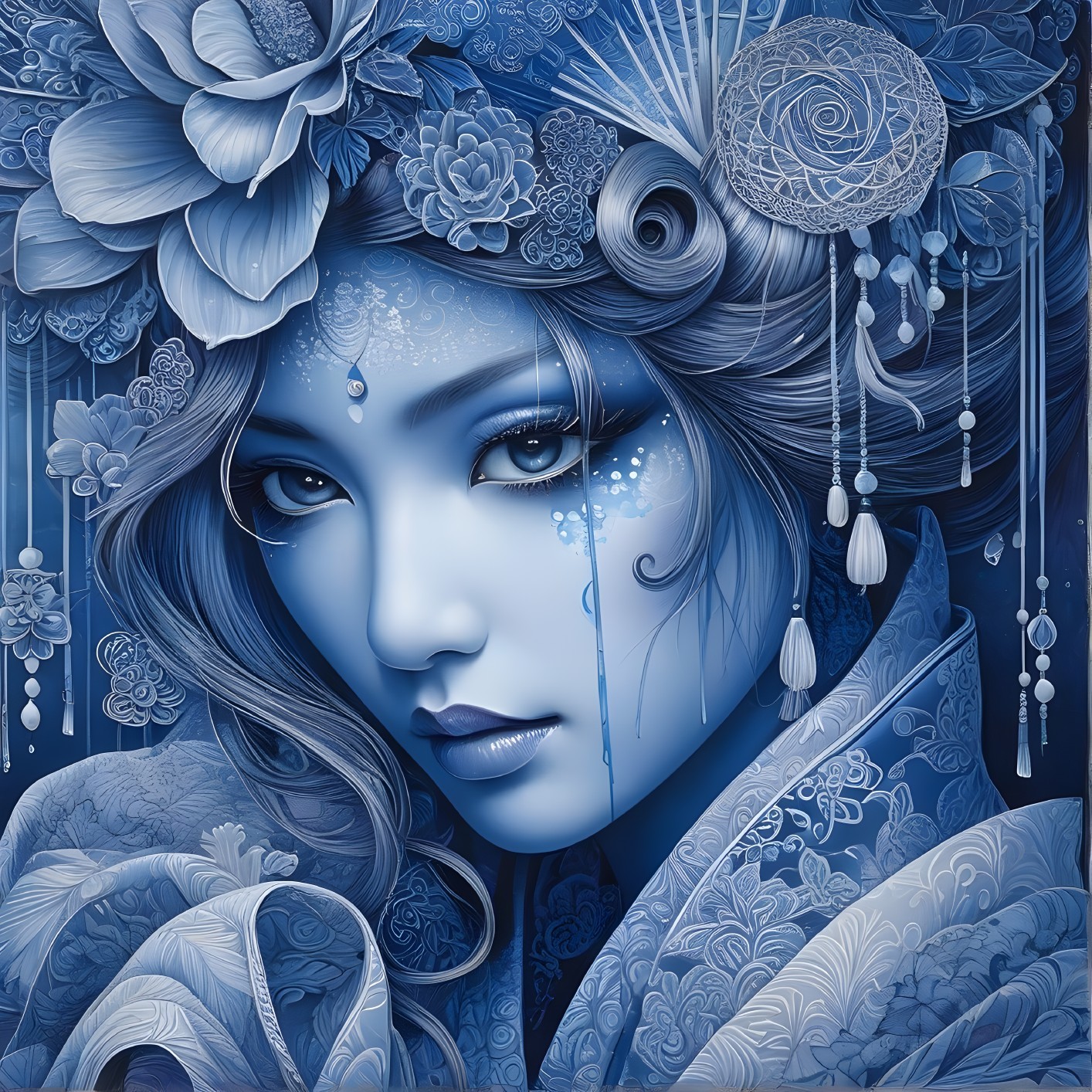 Blue-Toned Portrait of a Woman with Floral Patterns