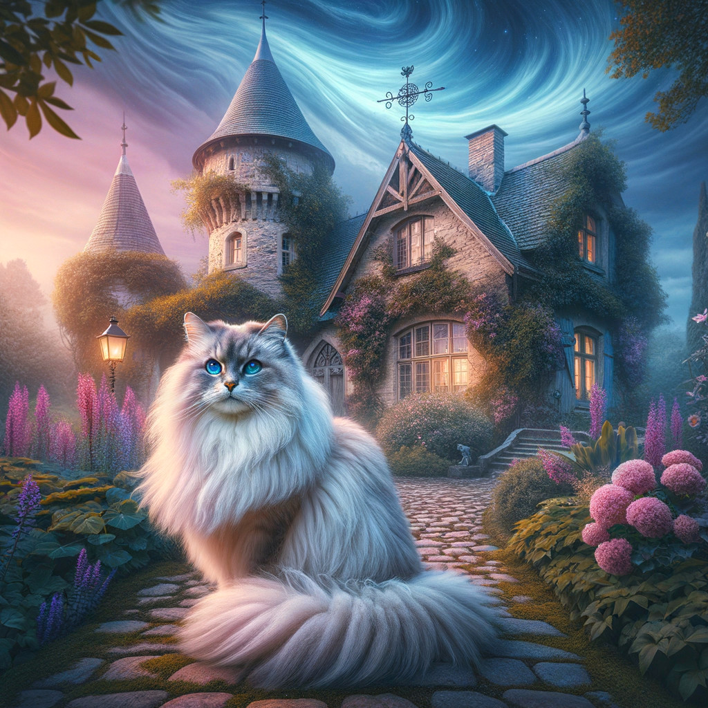 Fluffy White Cat by Enchanting Fairy-Tale Cottage