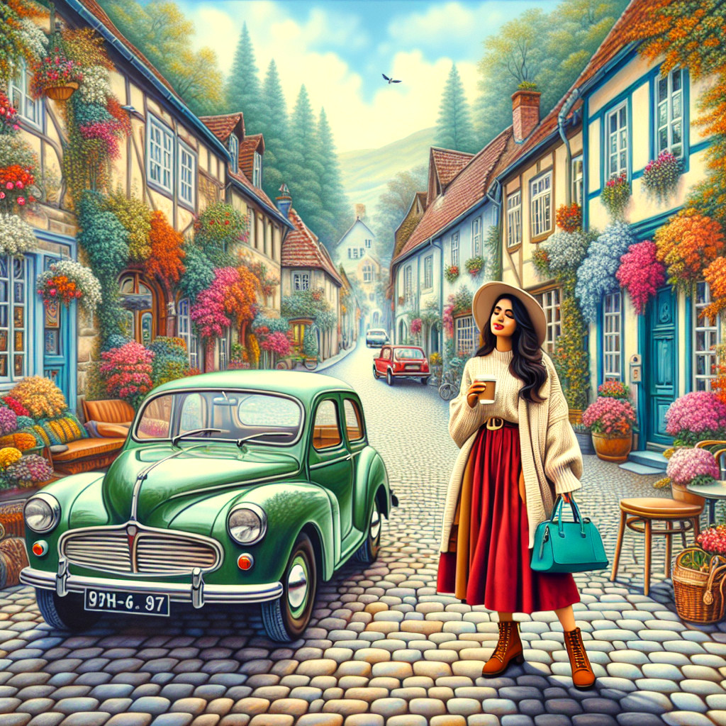Charming Street Scene with Stylish Woman and Classic Car