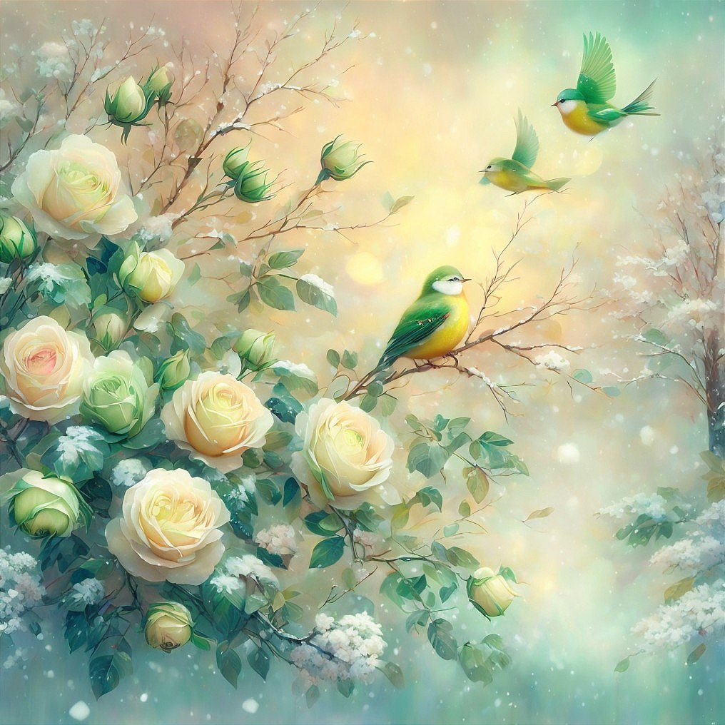 Pastel yellow roses and greenery with birds on dreamlike background