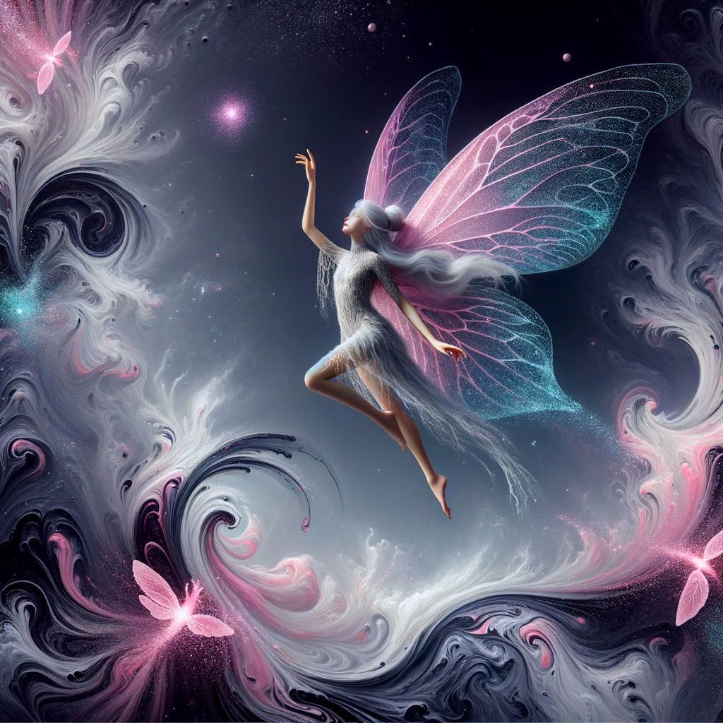Fairy in a Cosmic Landscape with Ethereal Butterflies
