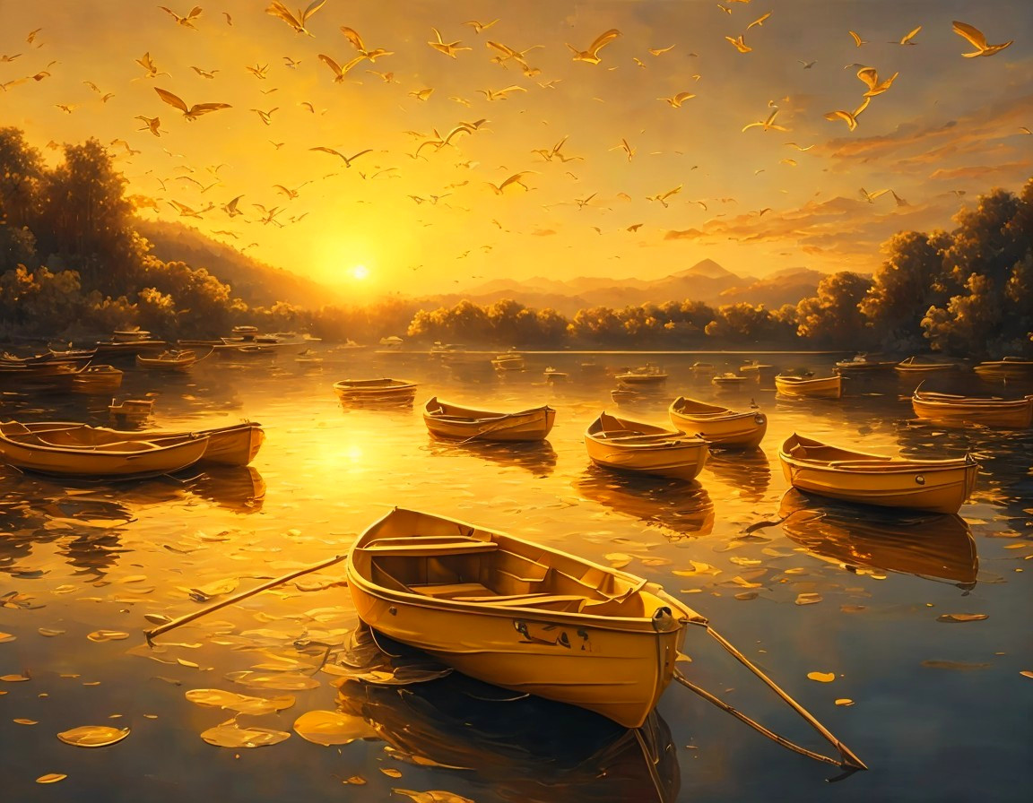 Serene Sunset Over Tranquil Water with Boats and Birds
