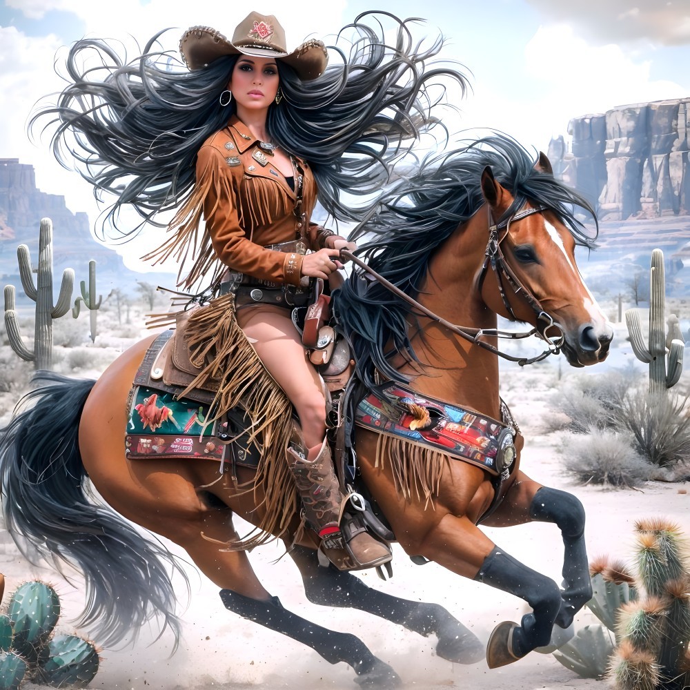 Cowgirl on Brown Horse in Desert Landscape