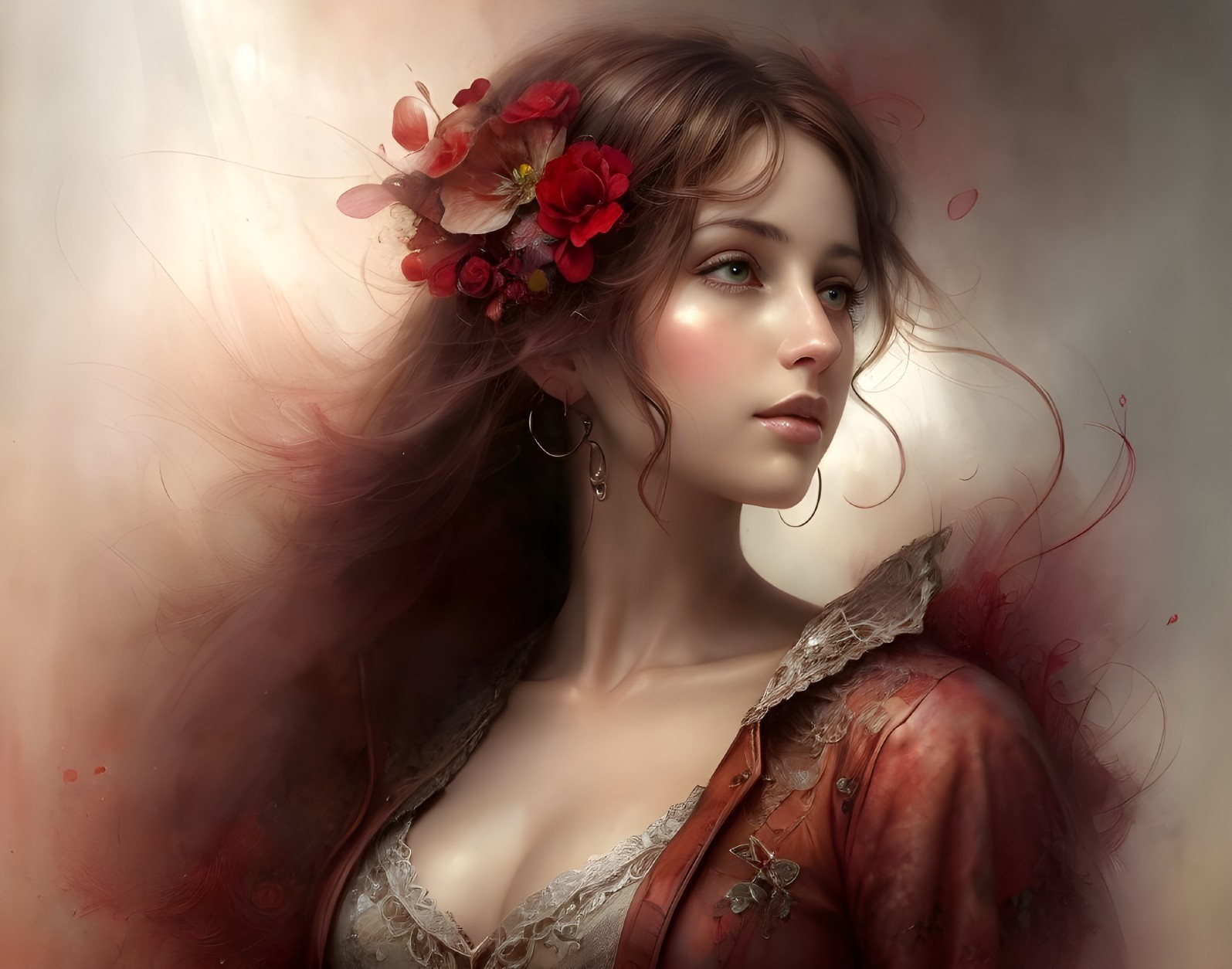 Young Woman in Vintage Outfit Surrounded by Flowers