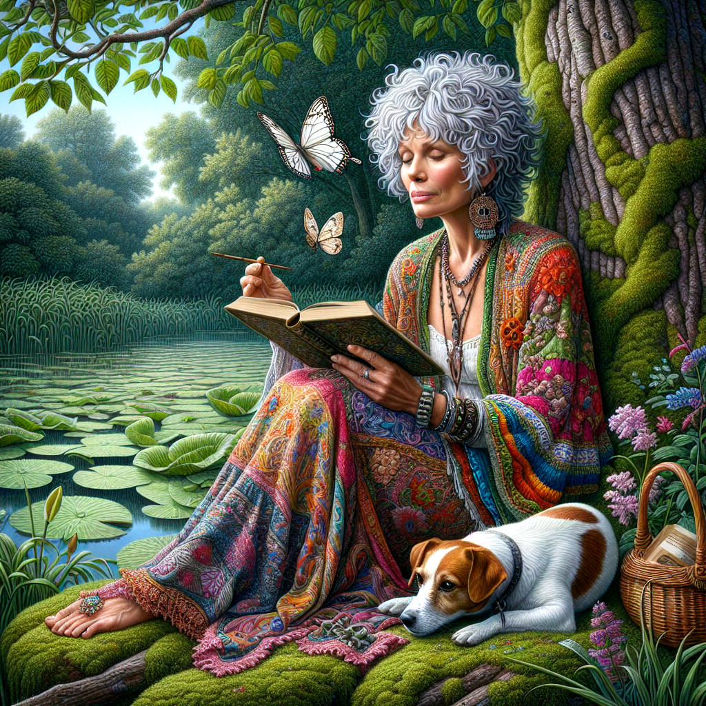 Tranquil Pond Scene with Woman, Dog, and Nature