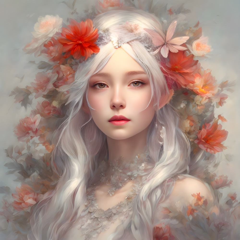 Portrait of a young woman with white hair and flowers