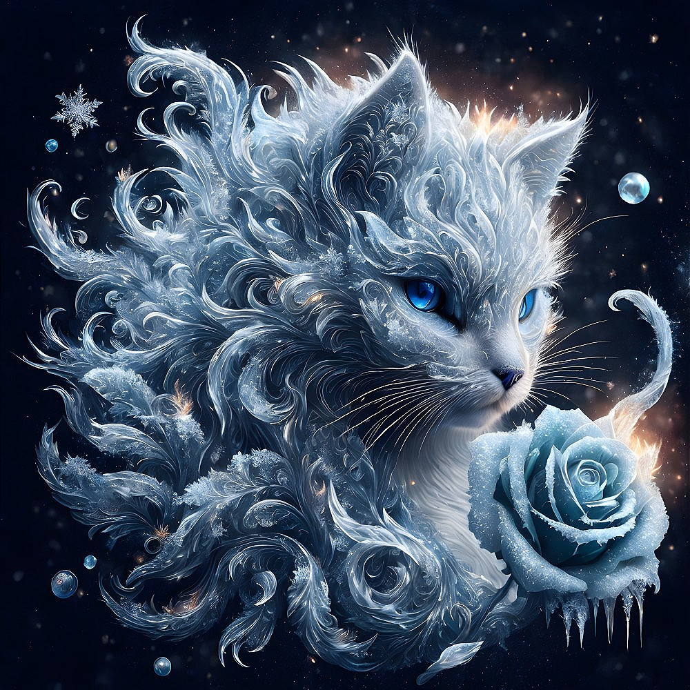 Majestic Cat with Icy Blue Mane and Snowflakes