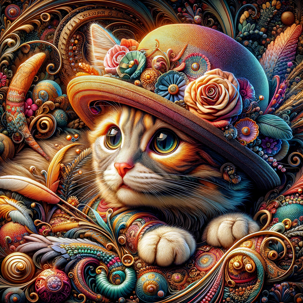 Whimsical Cat Illustration with Floral Hat Design