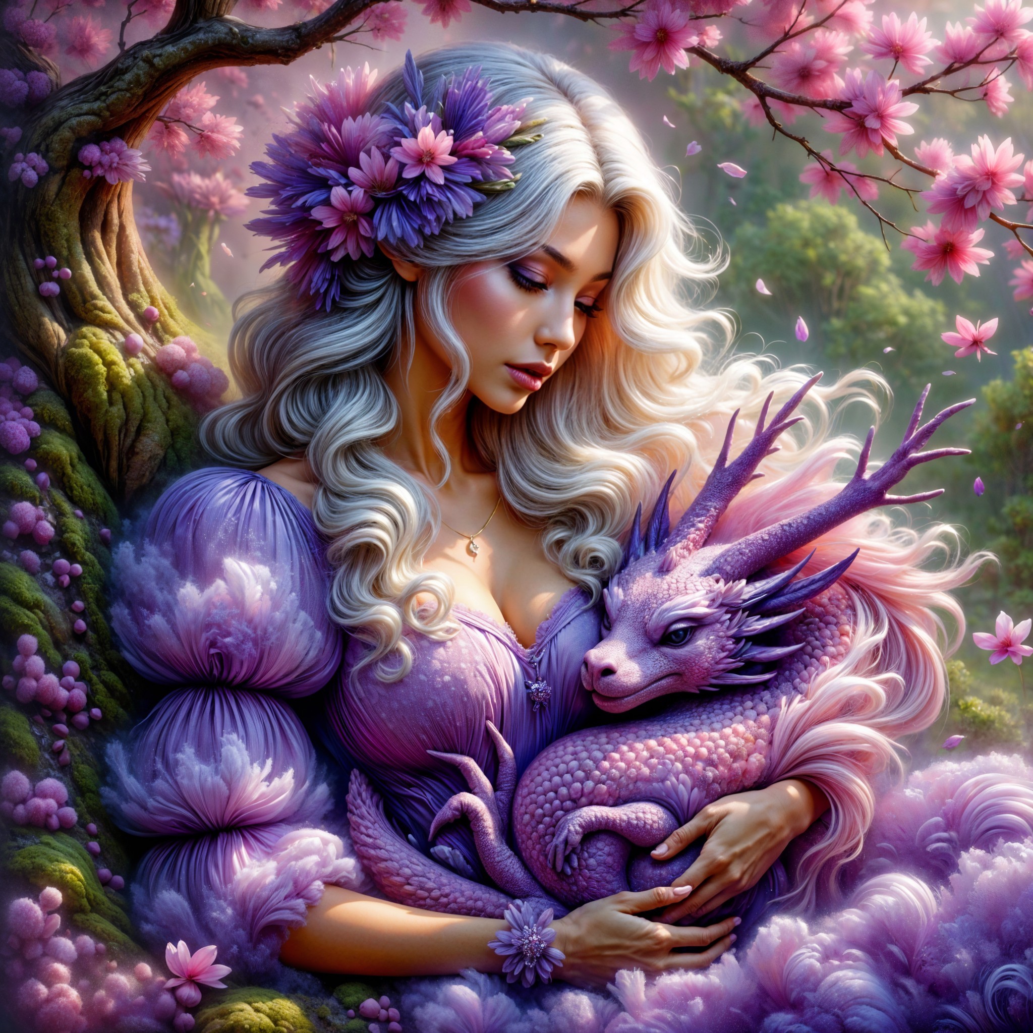 Woman with Silver Hair and Dragon in Fantasy Garden