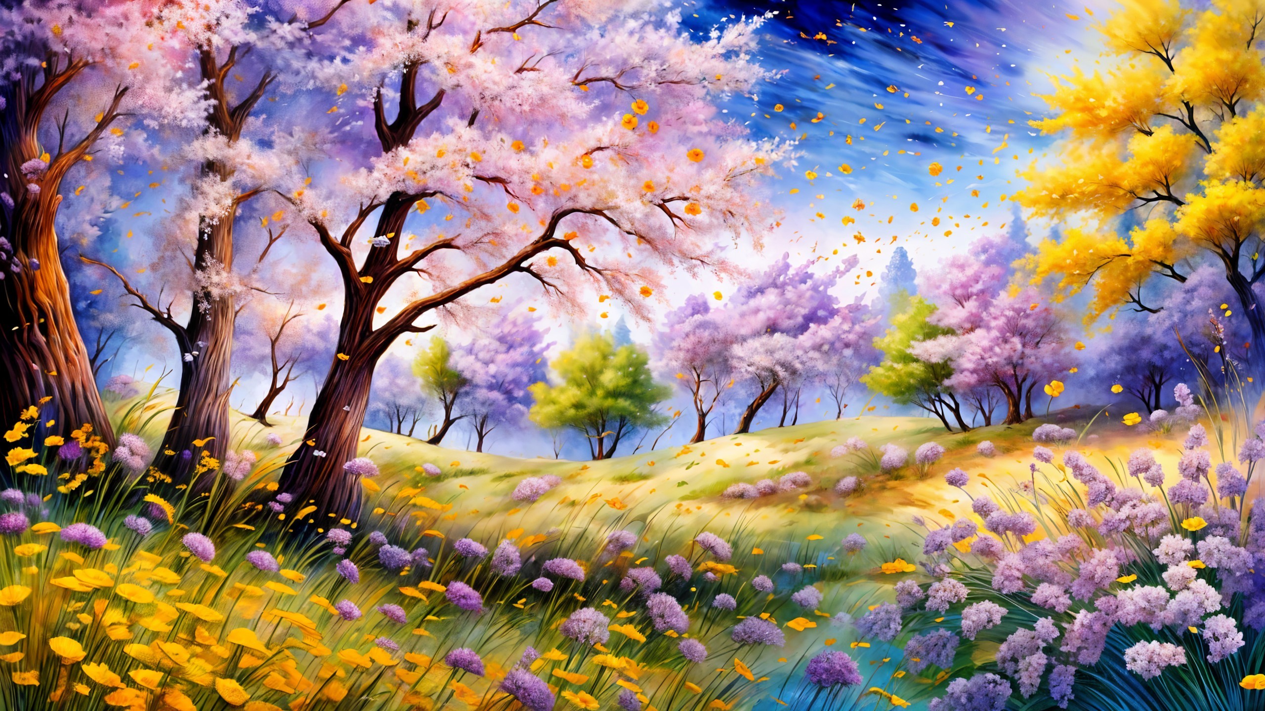 Vibrant Spring Landscape with Cherry Blossoms and Wildflowers