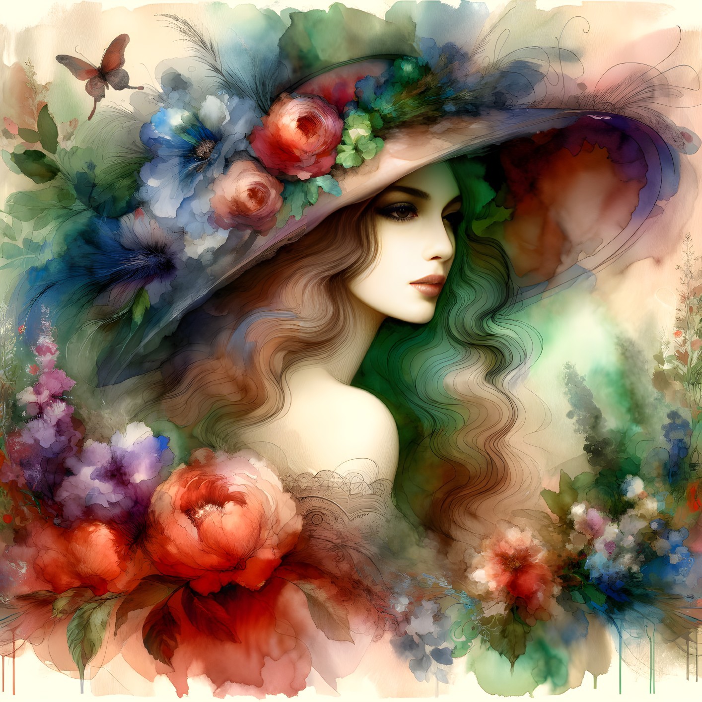 Illustration of a woman with a colorful floral hat