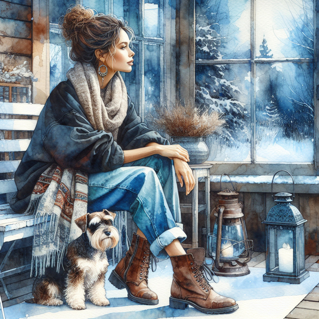 Winter Scene with Woman and Dog by Frosted Window