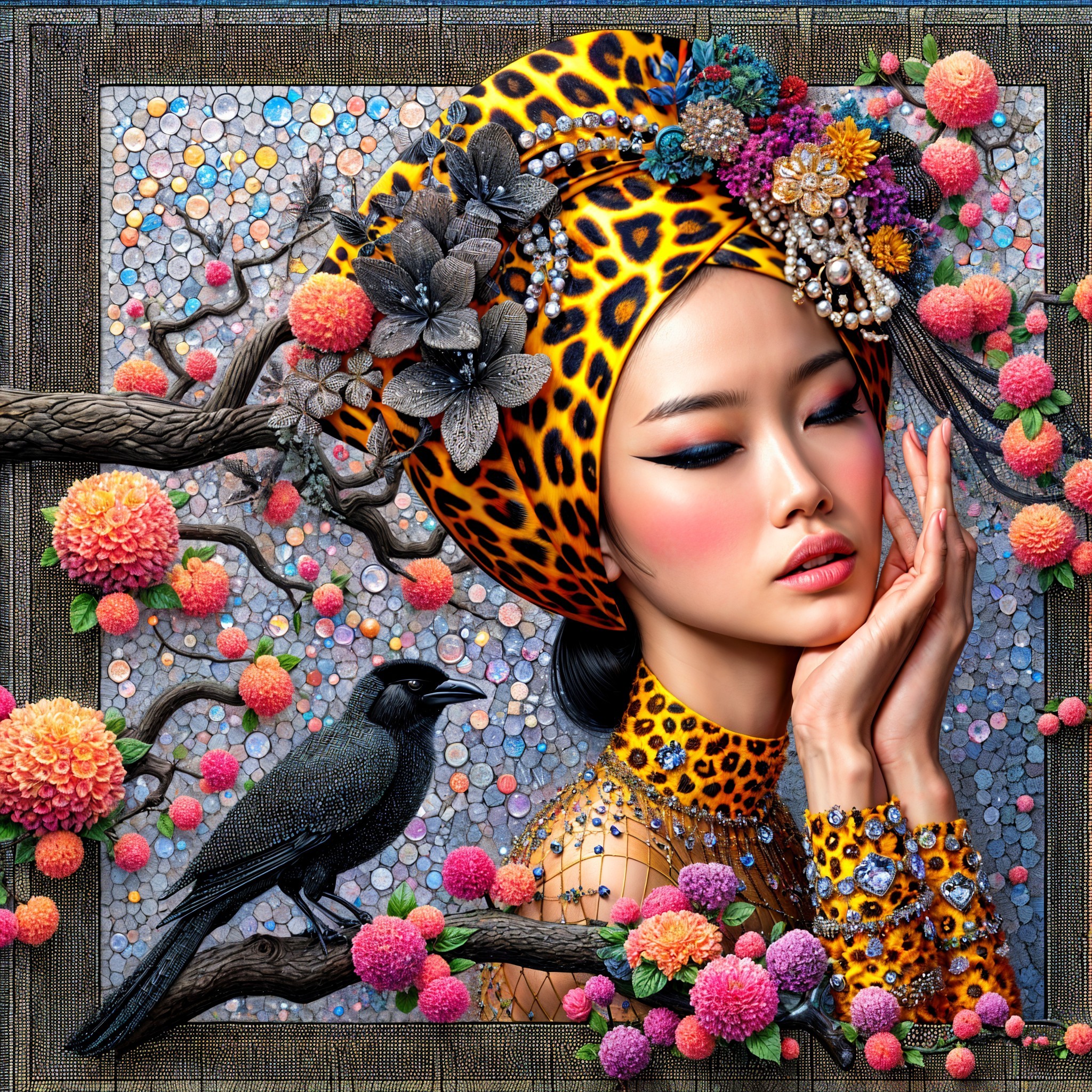 Portrait of a woman in leopard-print headdress and jewelry