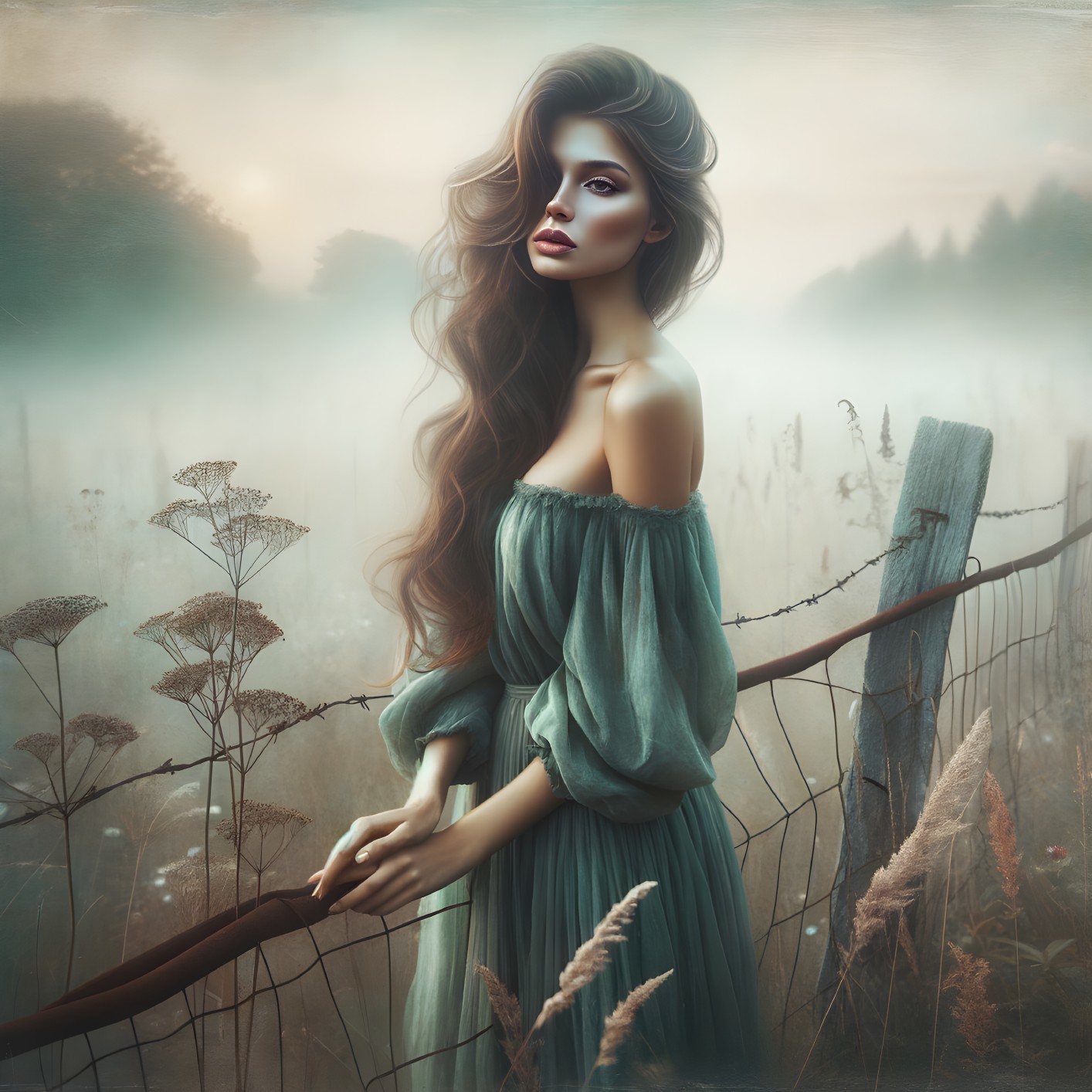 Young Woman in Misty Field with Green Dress