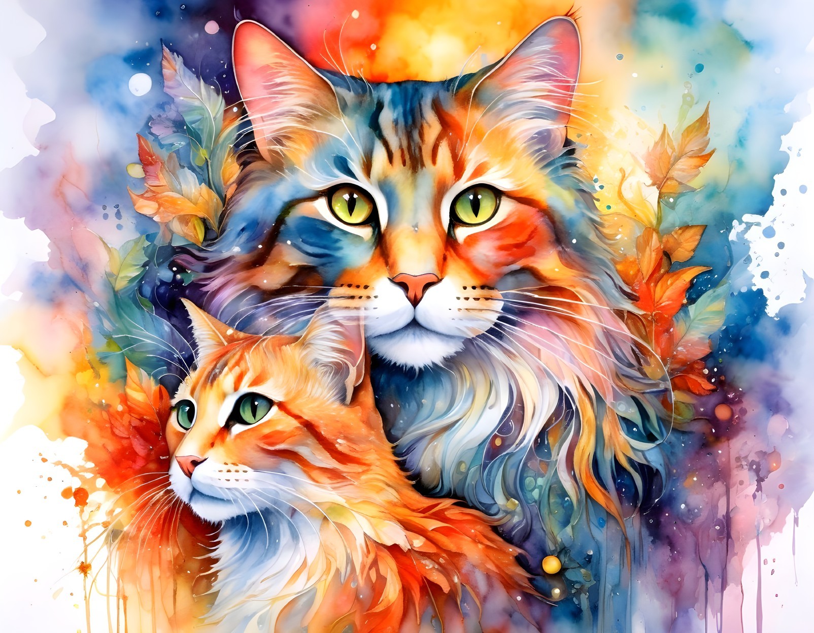Vibrant Watercolor Painting of Two Cats in Colorful Scene