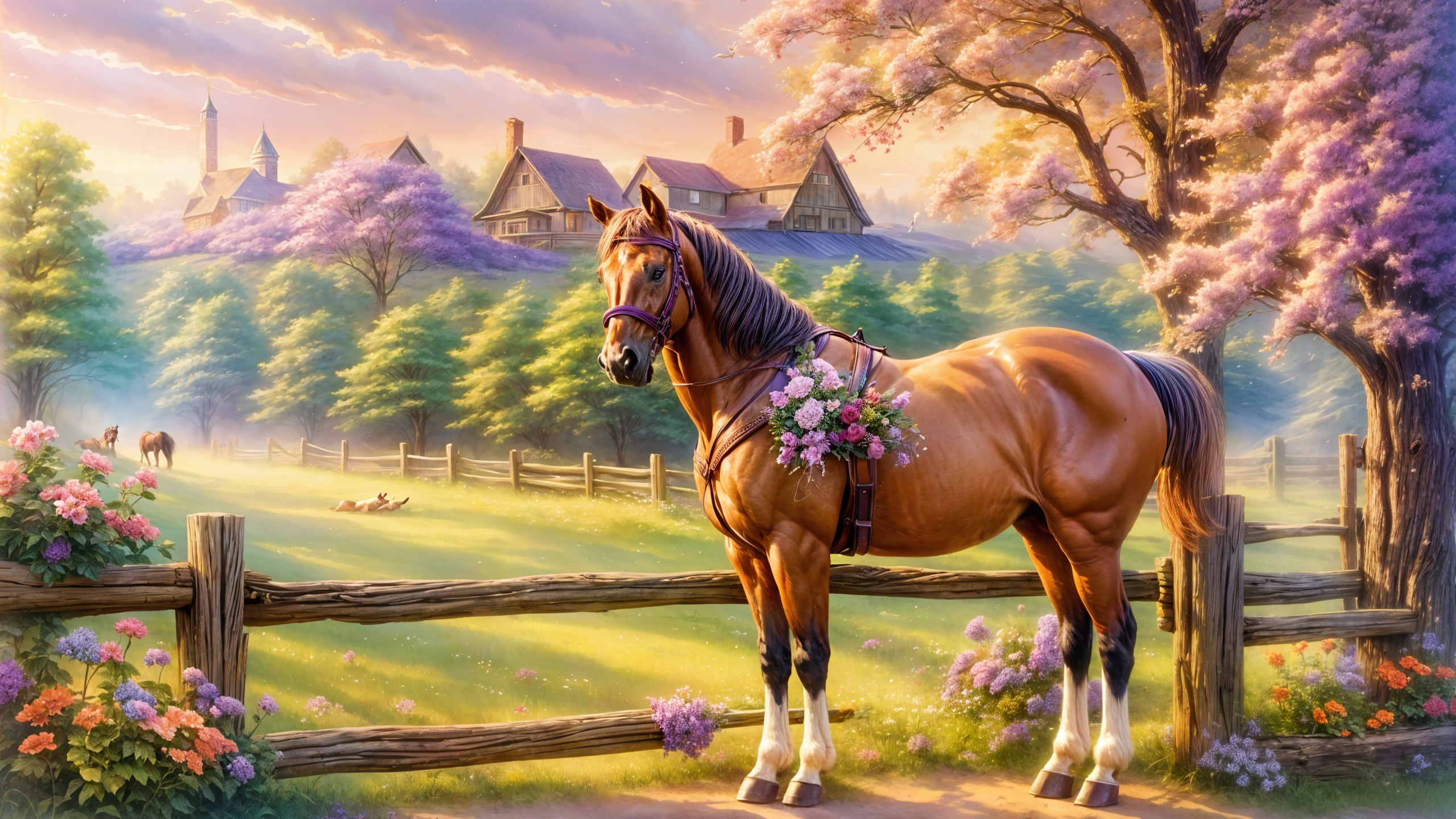 Majestic Brown Horse by Rustic Fence at Sunset