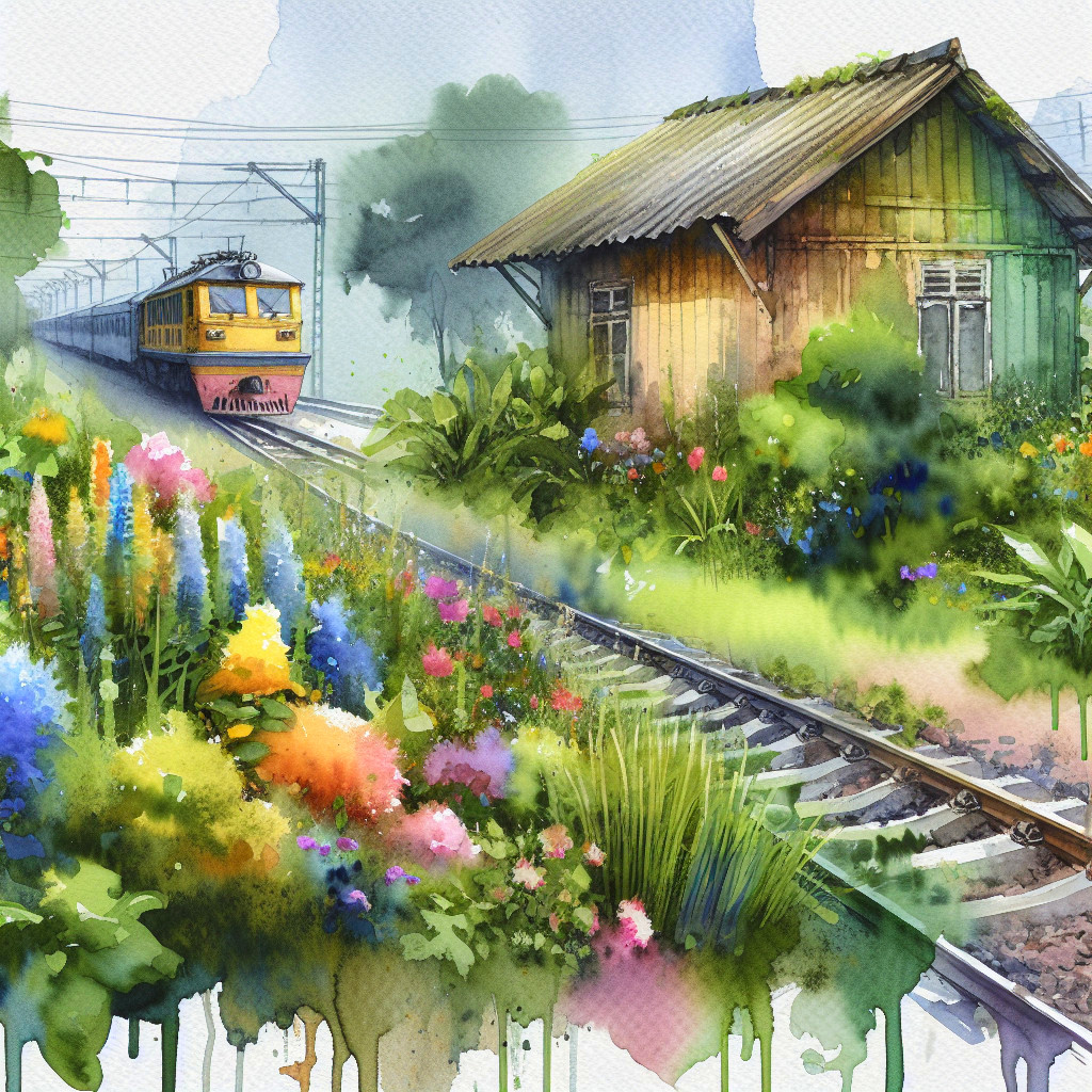 Watercolor Scene of Flowers and Train Station