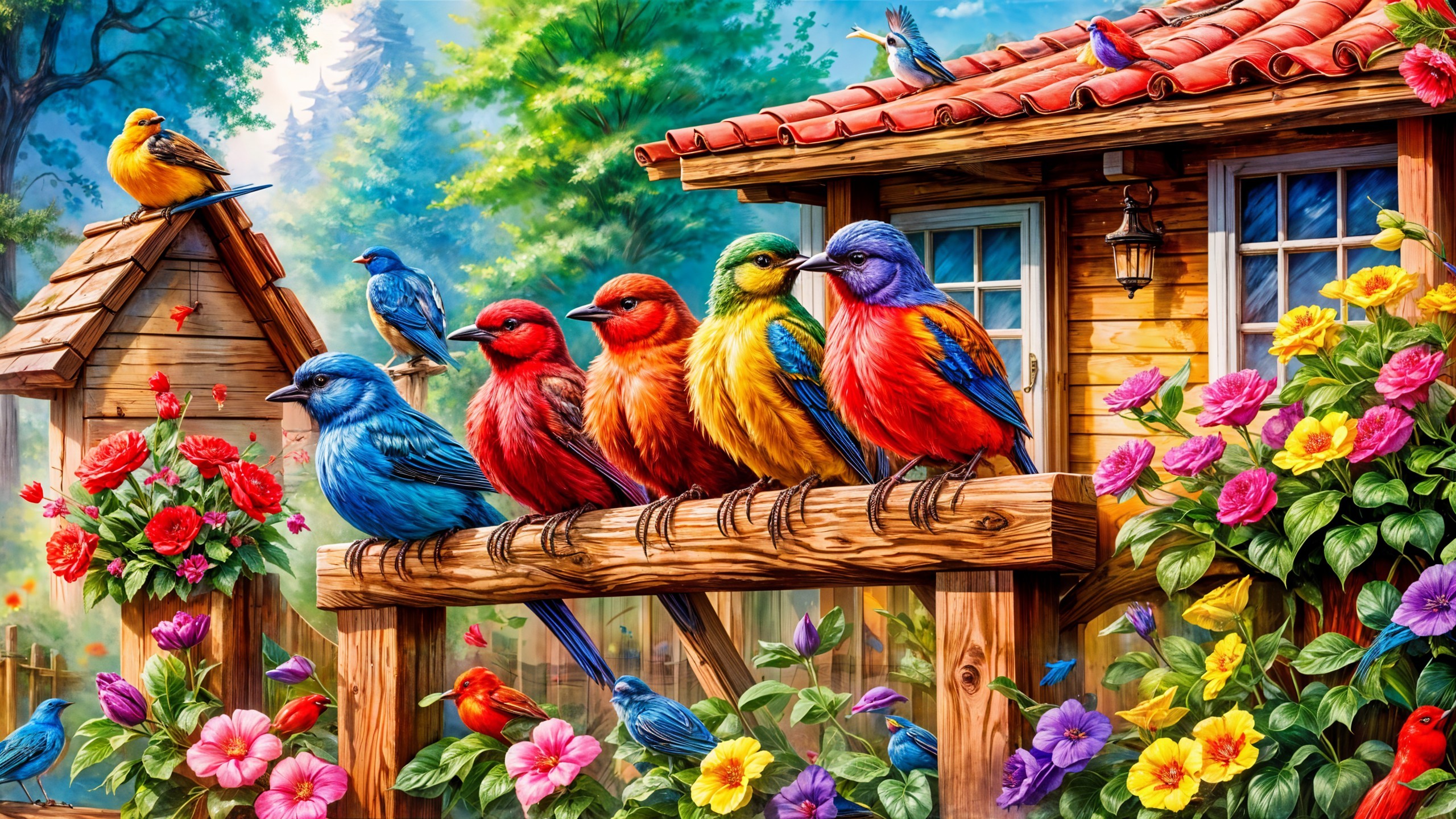Rustic Wooden House Amidst Lush Greenery and Birds
