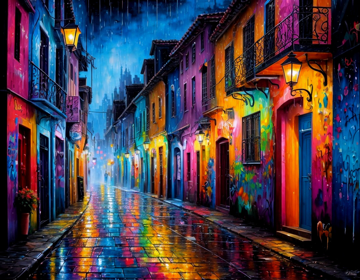 Colorful Rain-Soaked Street with Eclectic Buildings