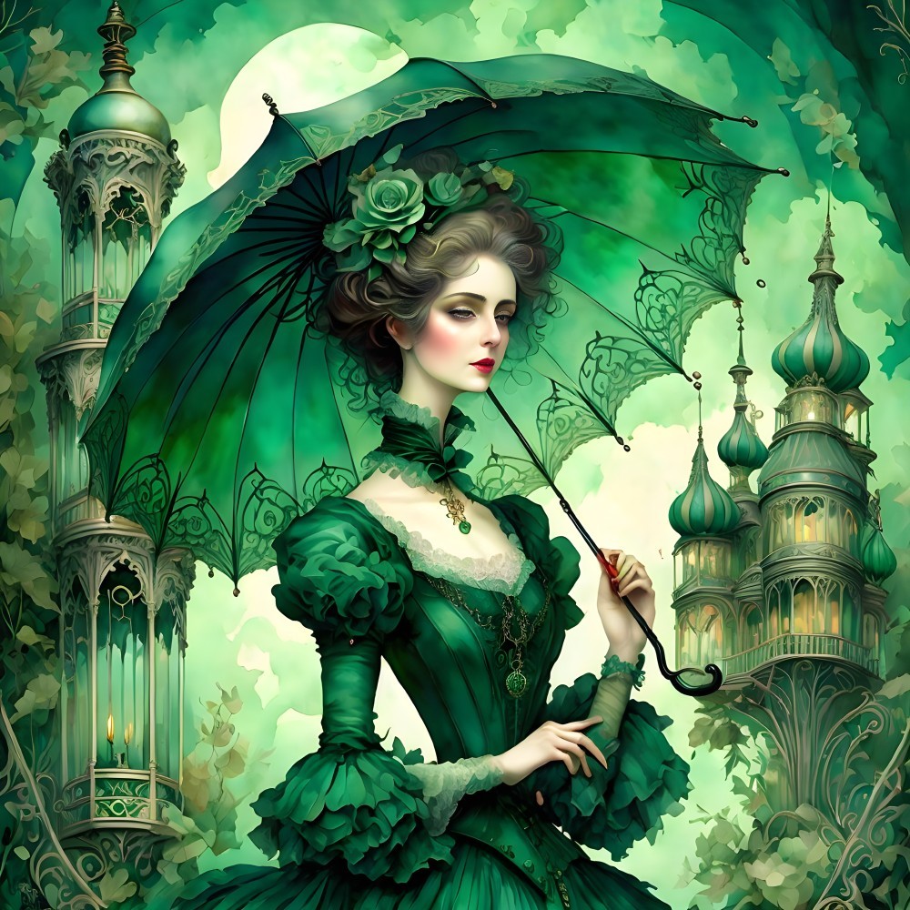 Victorian lady in green dress with parasol, surrounded by architectural spires and foliage