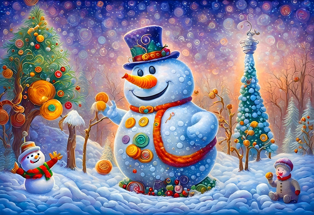 Colorful Snowmen in Whimsical Winter Scene
