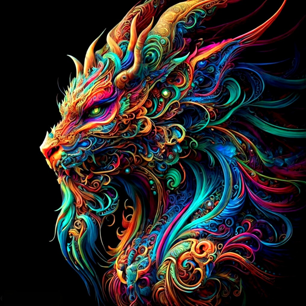 Colorful Mythical Dragon Art on Black Background