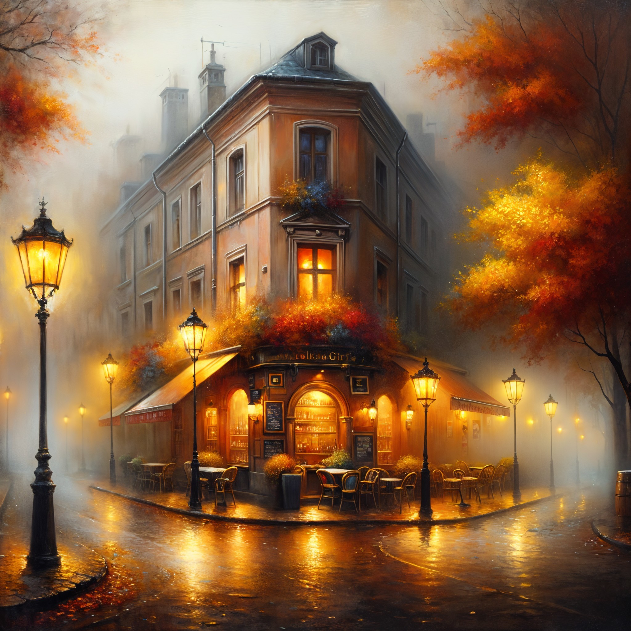 Illuminated café in autumn colors at street corner