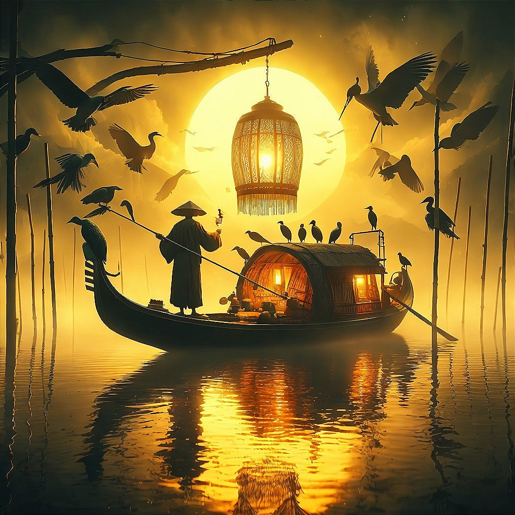 Tranquil River Scene with Sunset and Traditional Attire