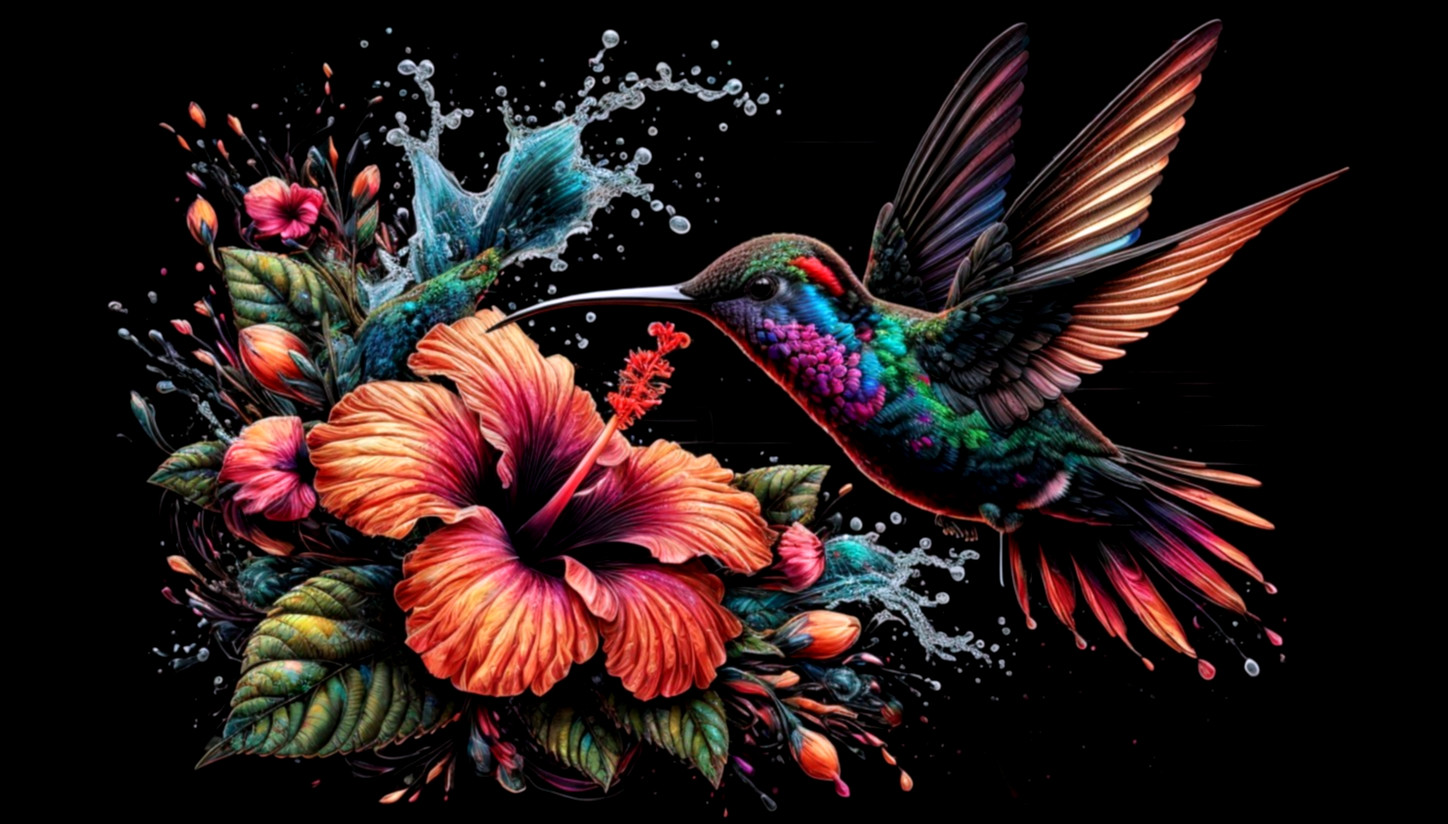 Vivid Hummingbird and Hibiscus Flower on Black Background
