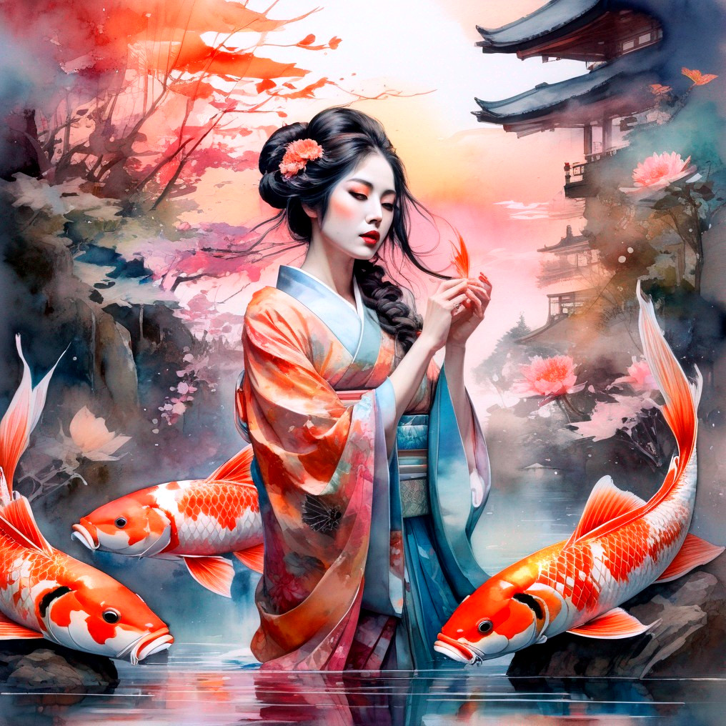 Woman in Traditional Attire with Koi Fish and Pagoda