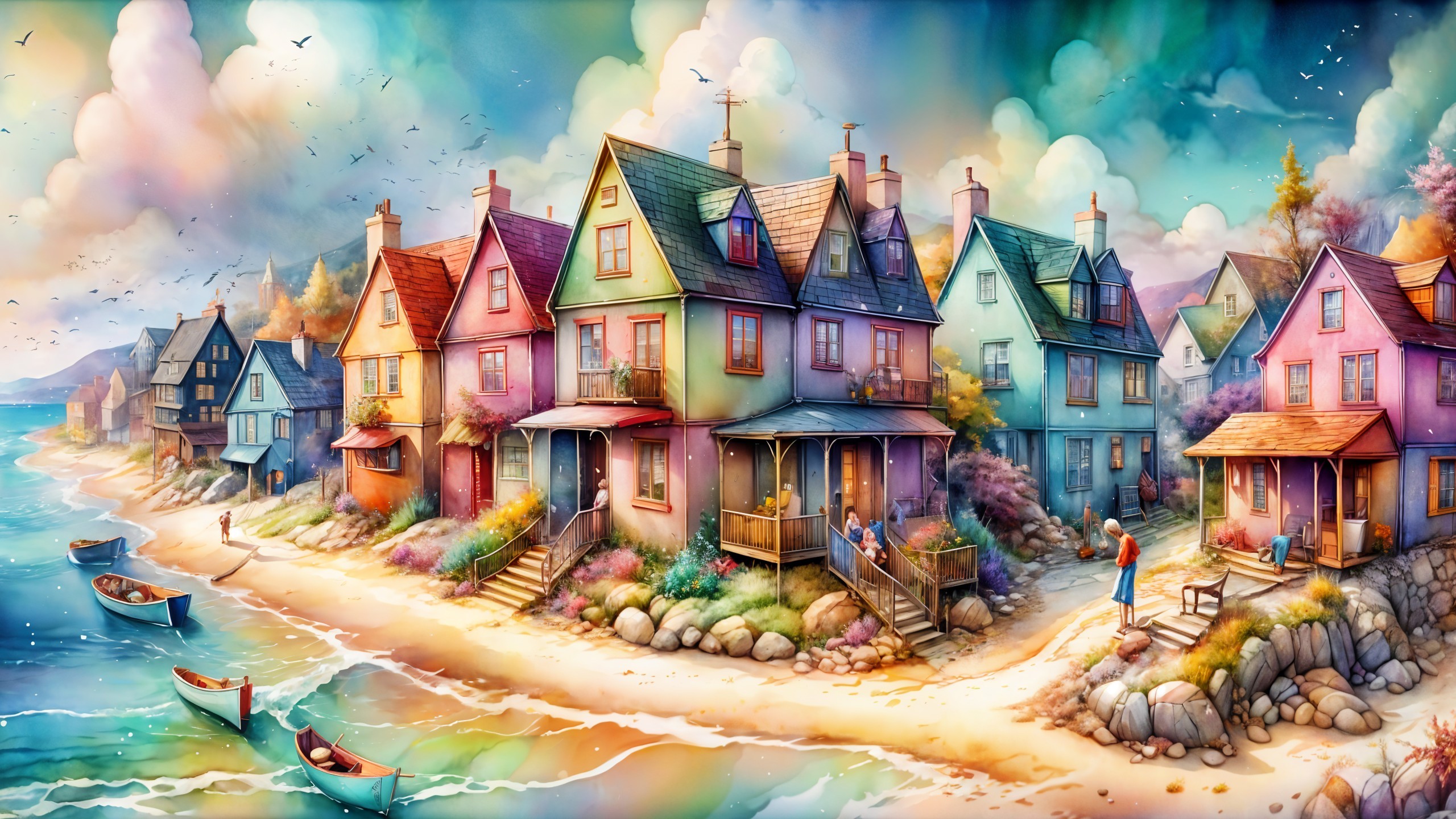 Charming Seaside Scene with Colorful Houses and Boats