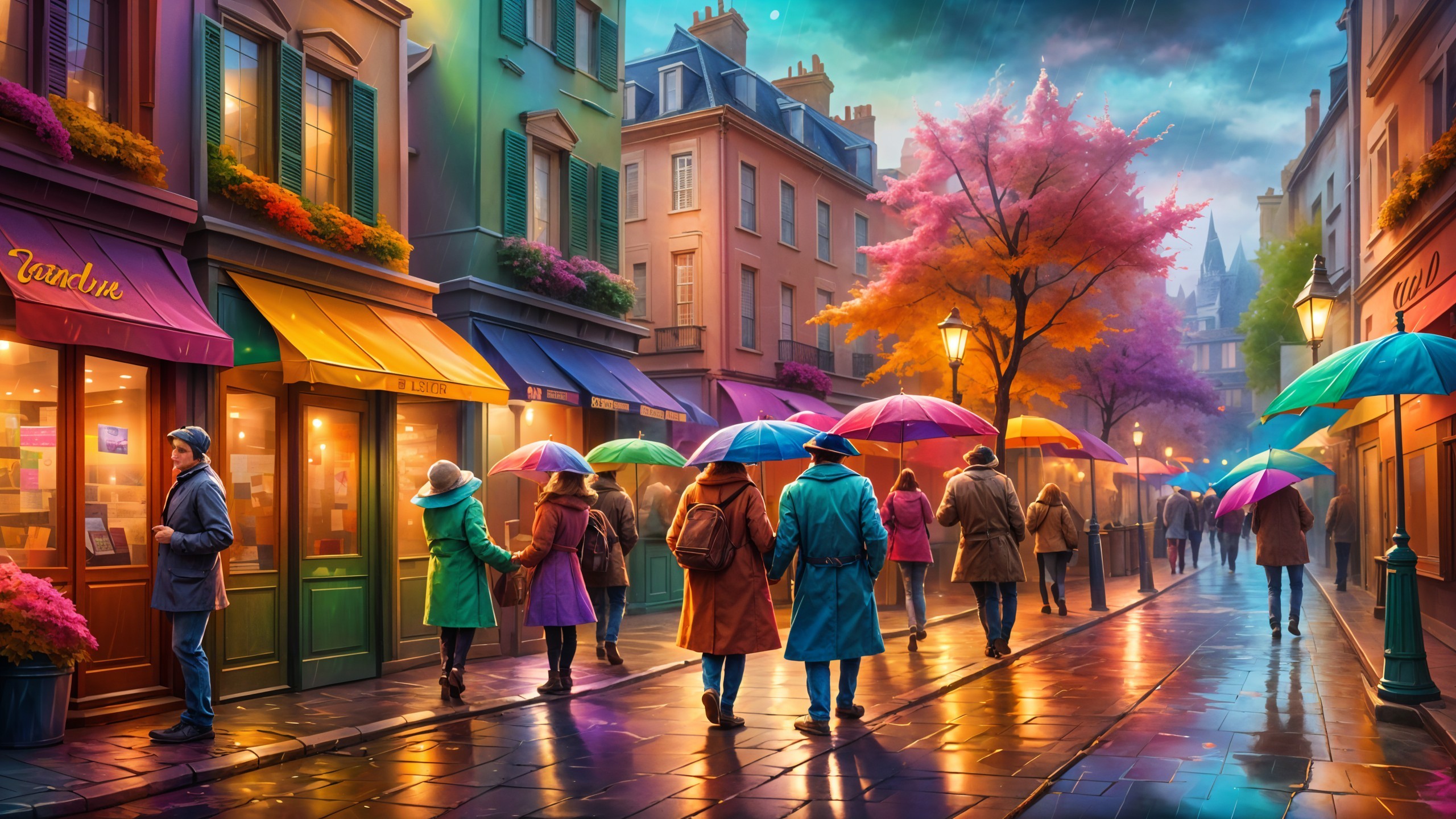 Vibrant Street Scene with Colorful Buildings and Umbrellas