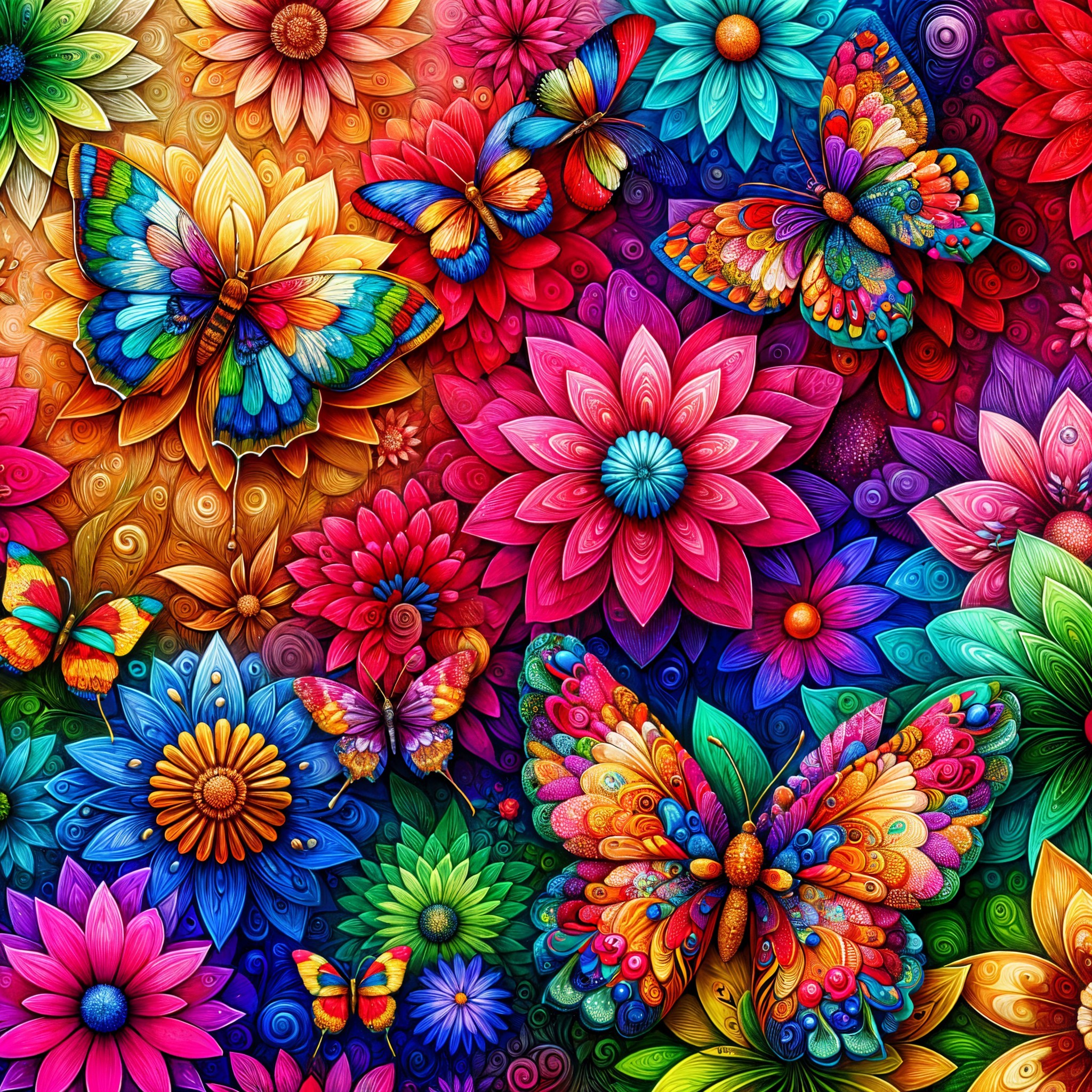 Colorful Flowers and Butterflies in Vibrant Tapestry