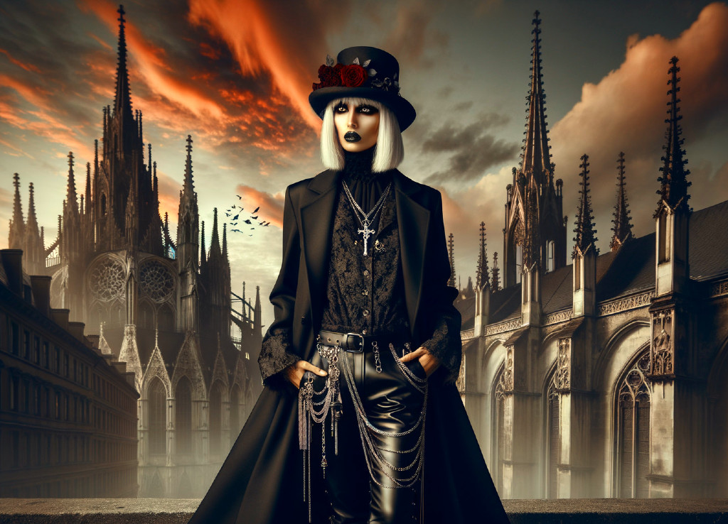 Gothic Figure in Dramatic Sunset with Roses and Spires
