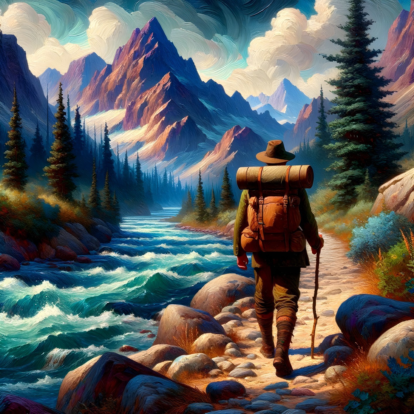 Hiker on Rocky Path by Turquoise River and Mountains