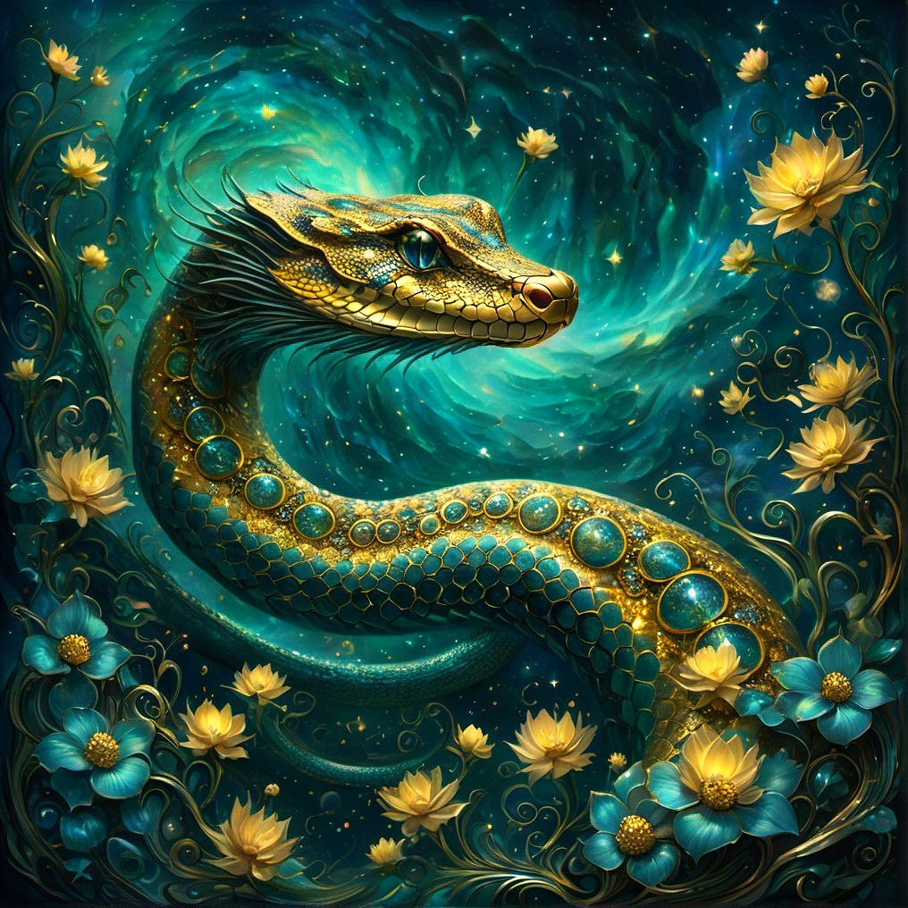 Golden dragon with azure and emerald swirls and golden lotus flowers