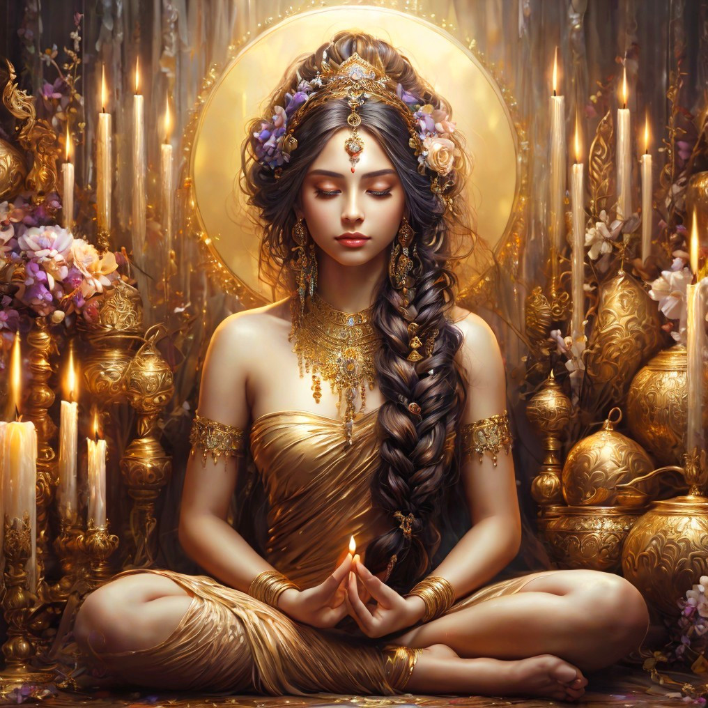Serene Woman Meditating in Gold Attire and Candles