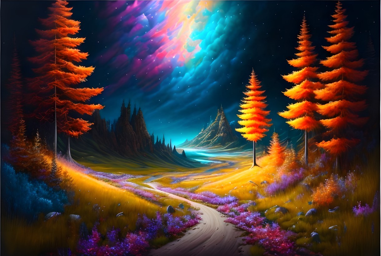 Surreal Vibrant Landscape with Colorful Elements