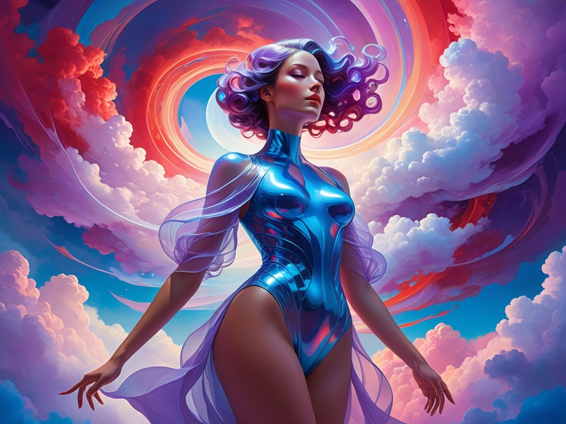Elegant figure in futuristic bodysuit with vibrant backdrop