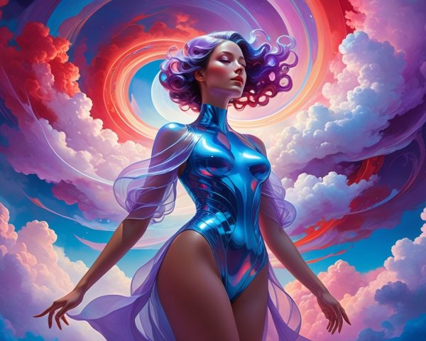 Elegant figure in futuristic bodysuit with vibrant backdrop