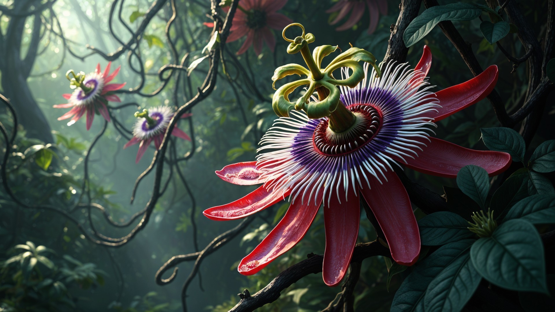 Vibrant Passion Flowers in a Lush Jungle Setting