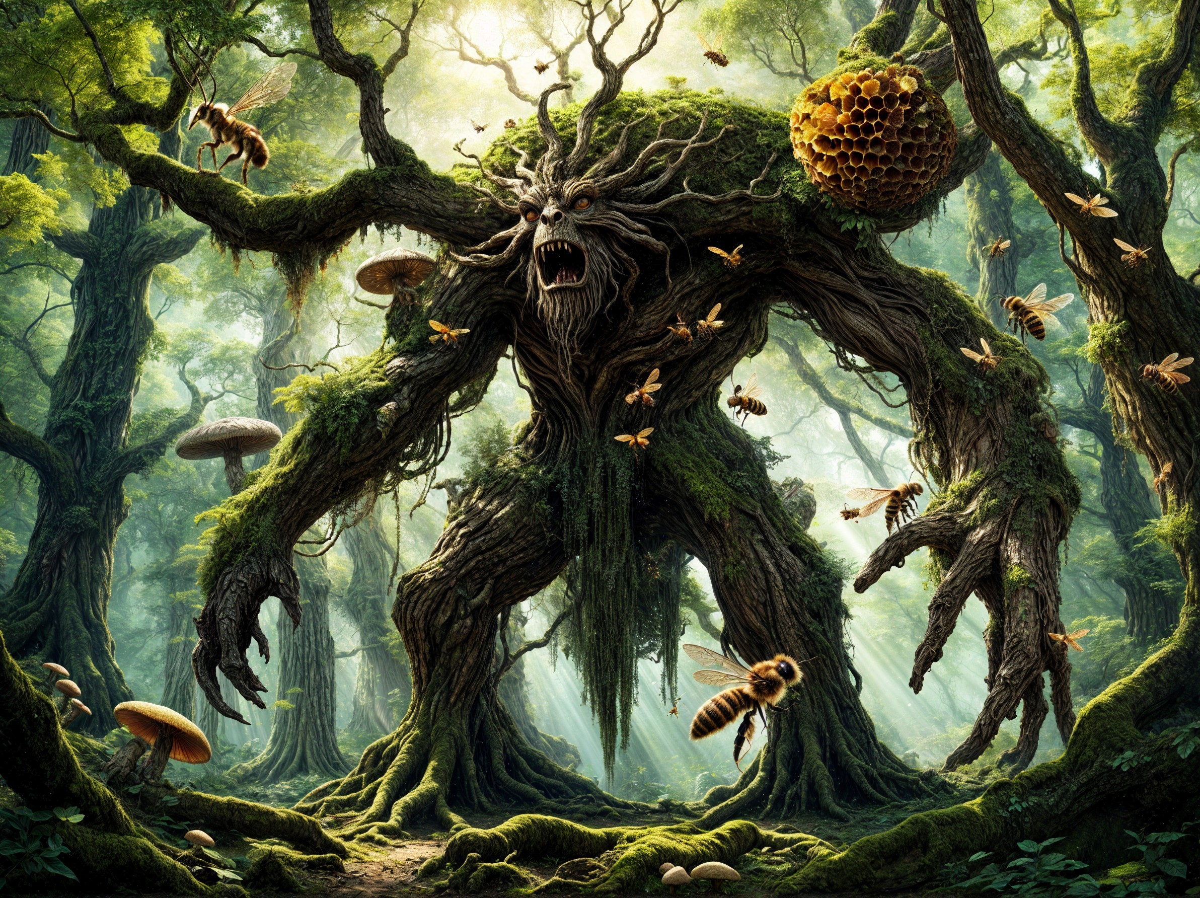 Colossal tree-like creature in a lush forest setting