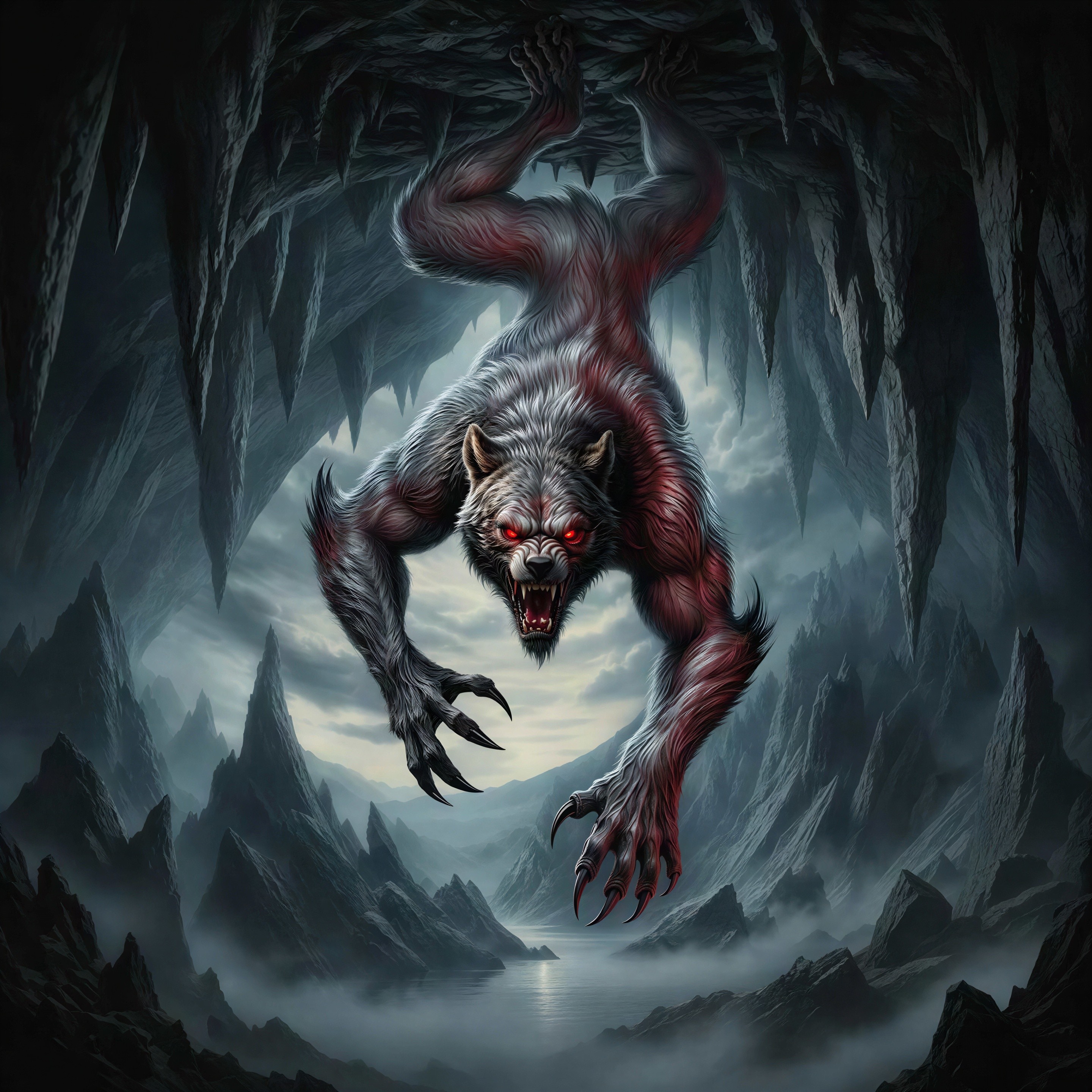 Muscular Werewolf Hanging in Dark Fantasy Cave Scene