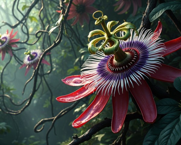 Vibrant Passion Flowers in a Lush Jungle Setting