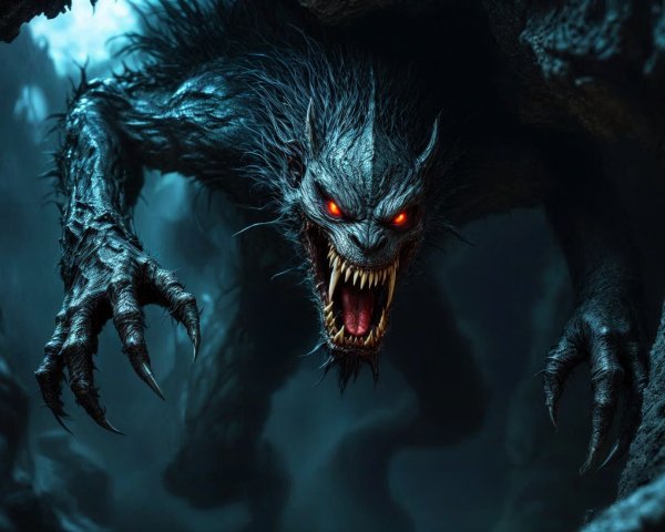 Terrifying Creature with Red Eyes and Spiky Fur