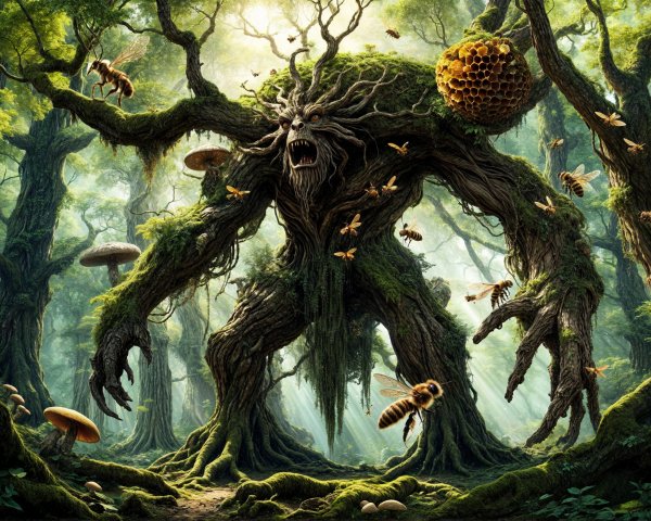 Colossal tree-like creature in a lush forest setting