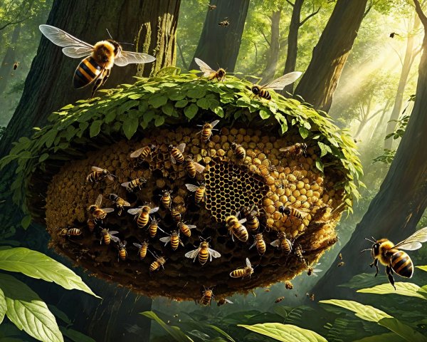 Beehive in a Lush Forest with Buzzing Bees