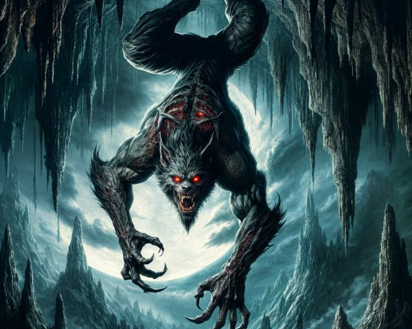 Menacing creature in dark cave with glowing red eyes