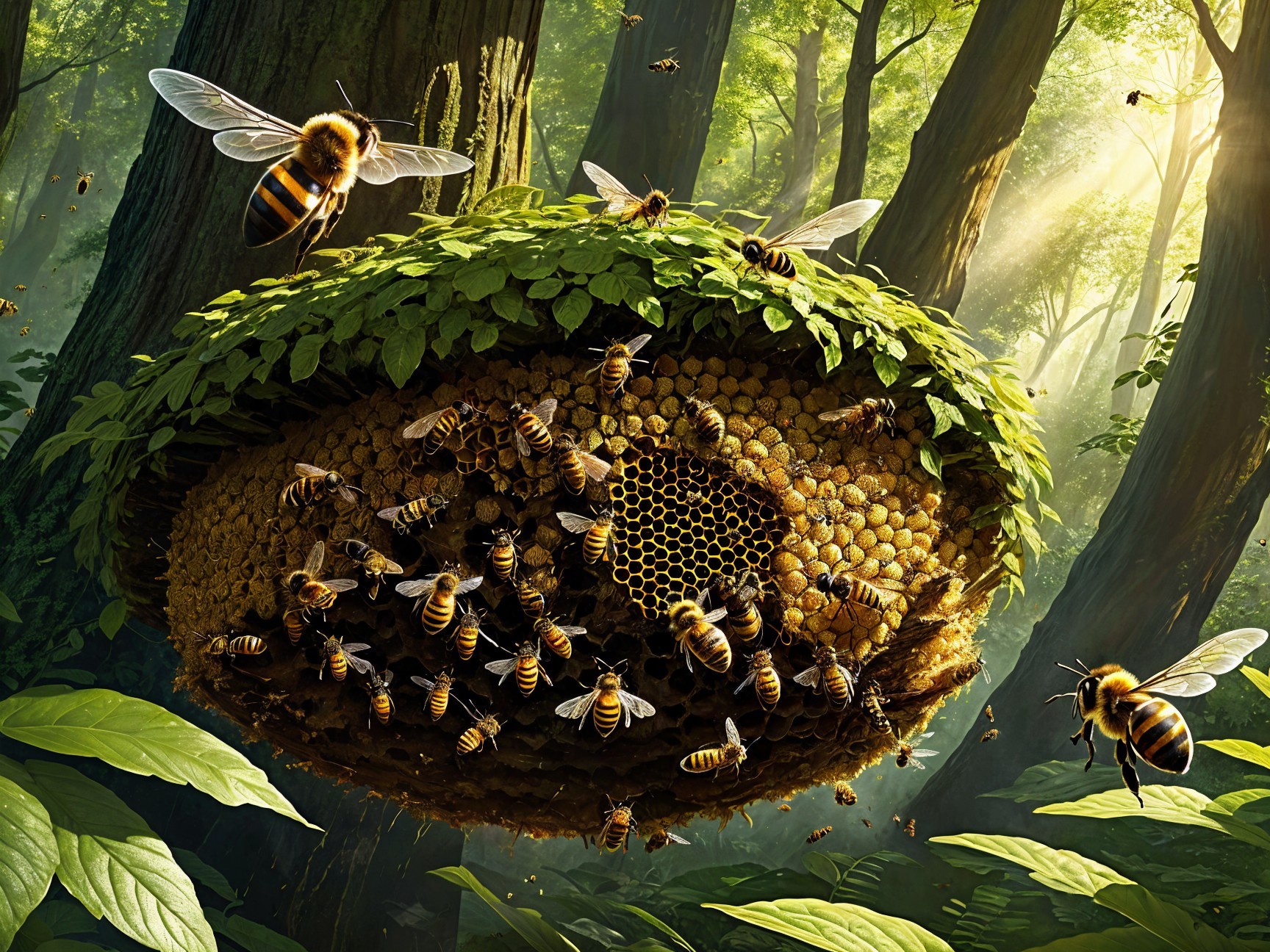 Beehive in a Lush Forest with Buzzing Bees