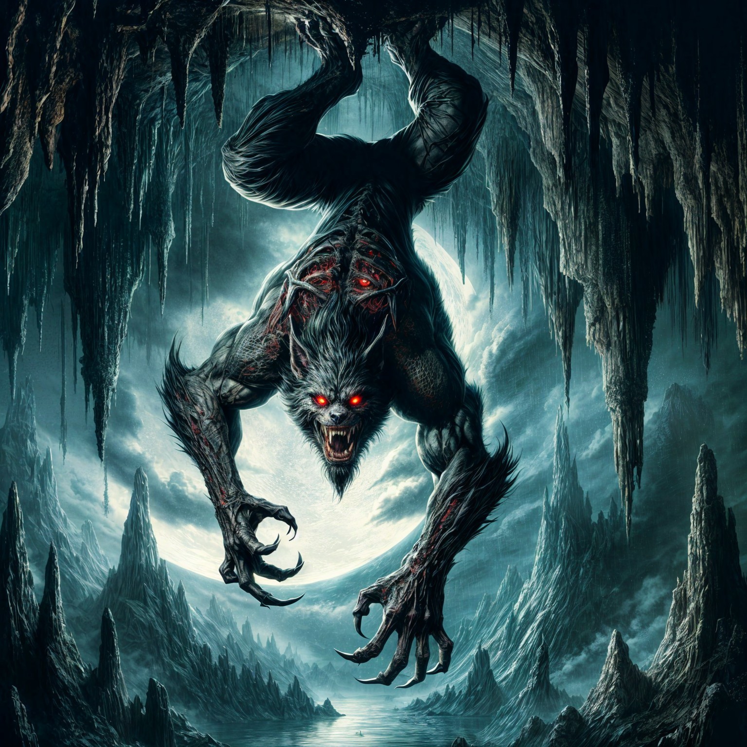 Menacing creature in dark cave with glowing red eyes